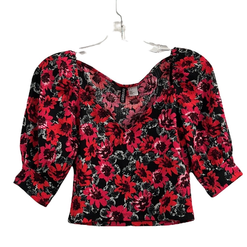 H&M Red Floral Puff-Sleeve Crop Top- S